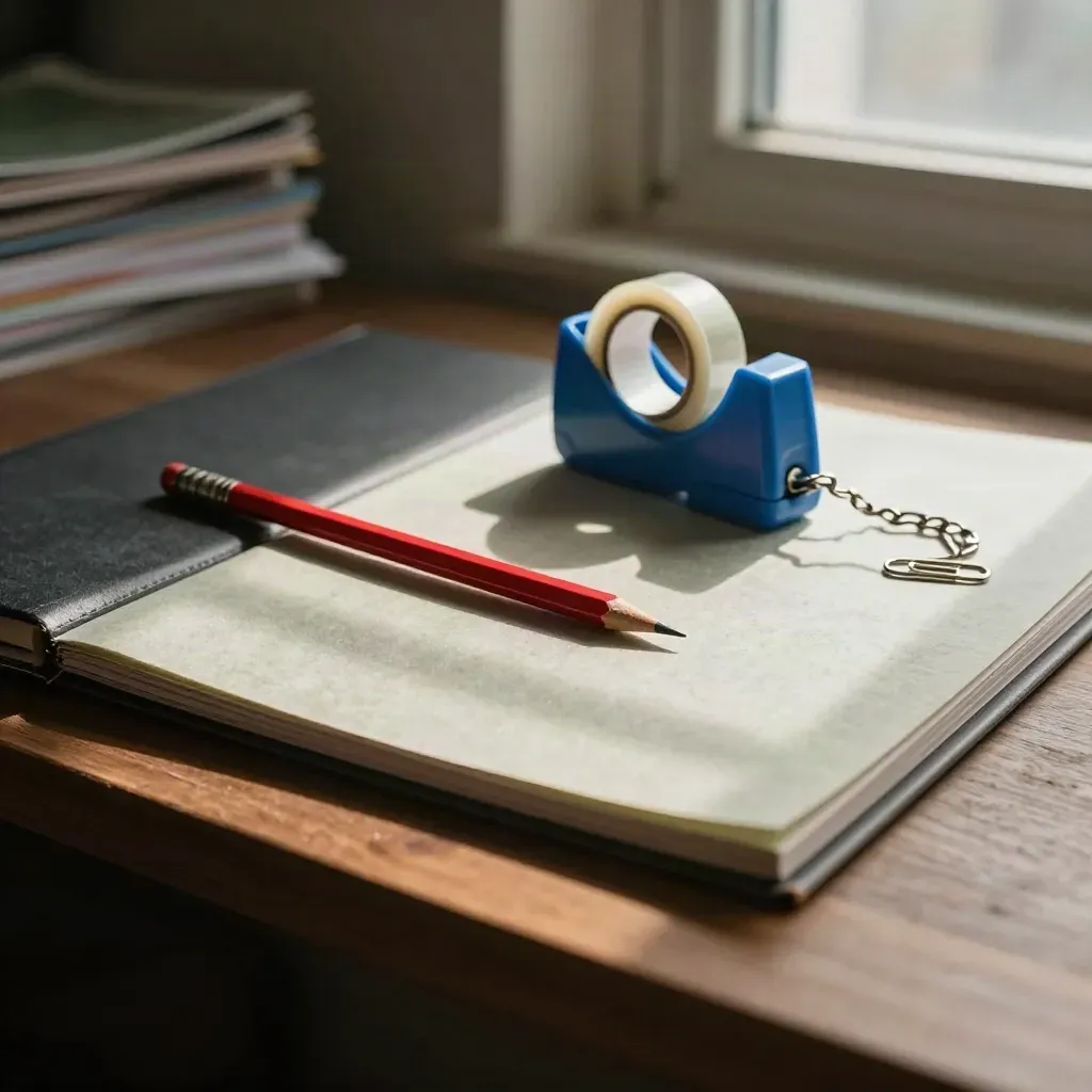 Editing tools on a walnut workbench: red pencil, blue tape dispenser, paper-clip chain, dark binder block.