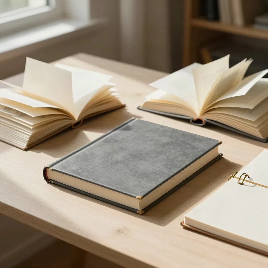 Top-down voice-guide manual, draft stacks, and binder on pale wood in warm window light.