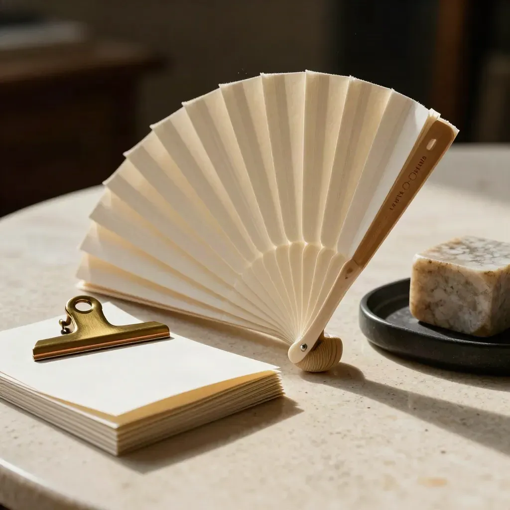 Macro still life of swatches, brass clip, briefing cards, and stone tray on travertine.