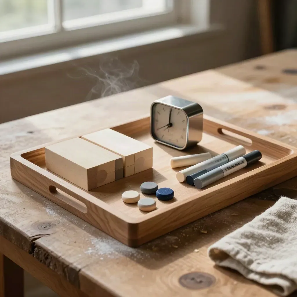 Facilitation tray with wooden blocks, timer, chalk markers, and tokens on a rustic table.