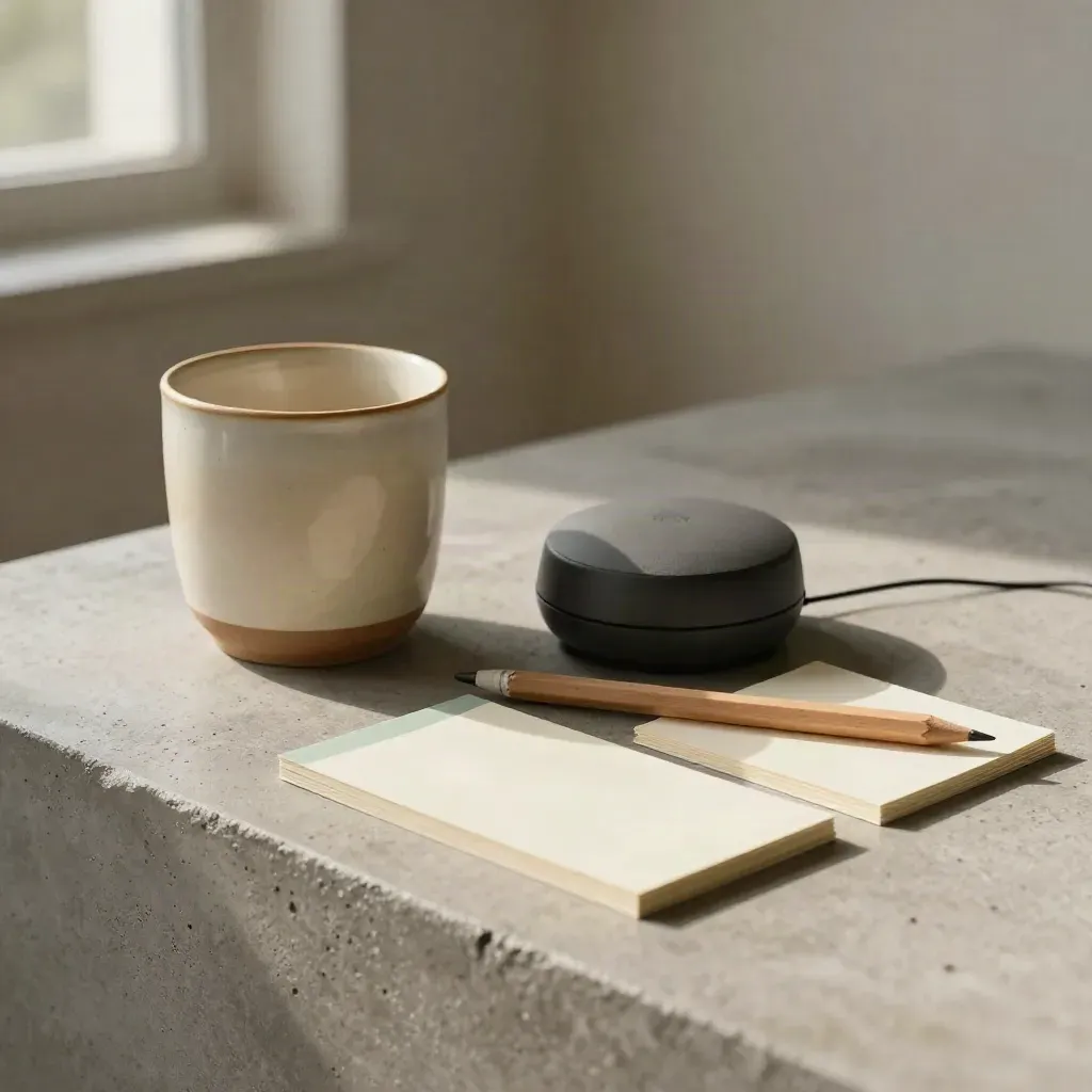 Conversation kit on concrete: cup, speaker puck, pencil stub and tabbed note cards in soft light.