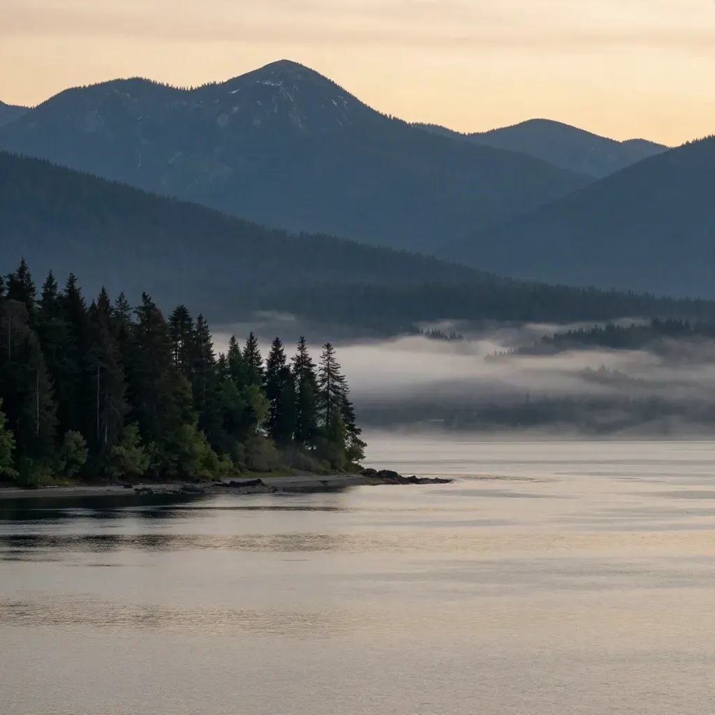 Blue-hour view of North Shore mountains above misty Vancouver inlet