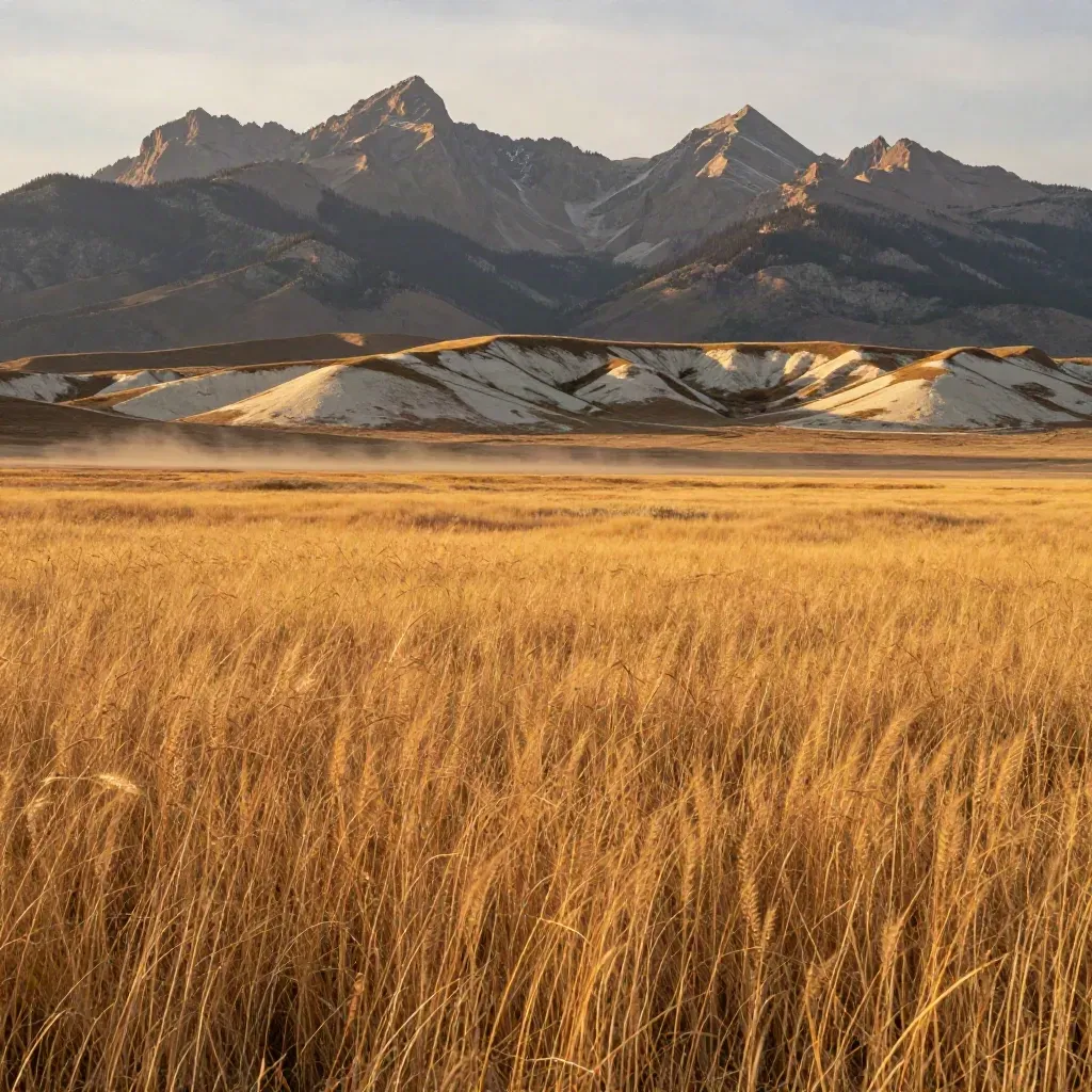 Golden Alberta prairie with the Rockies high on the horizon at sunset
