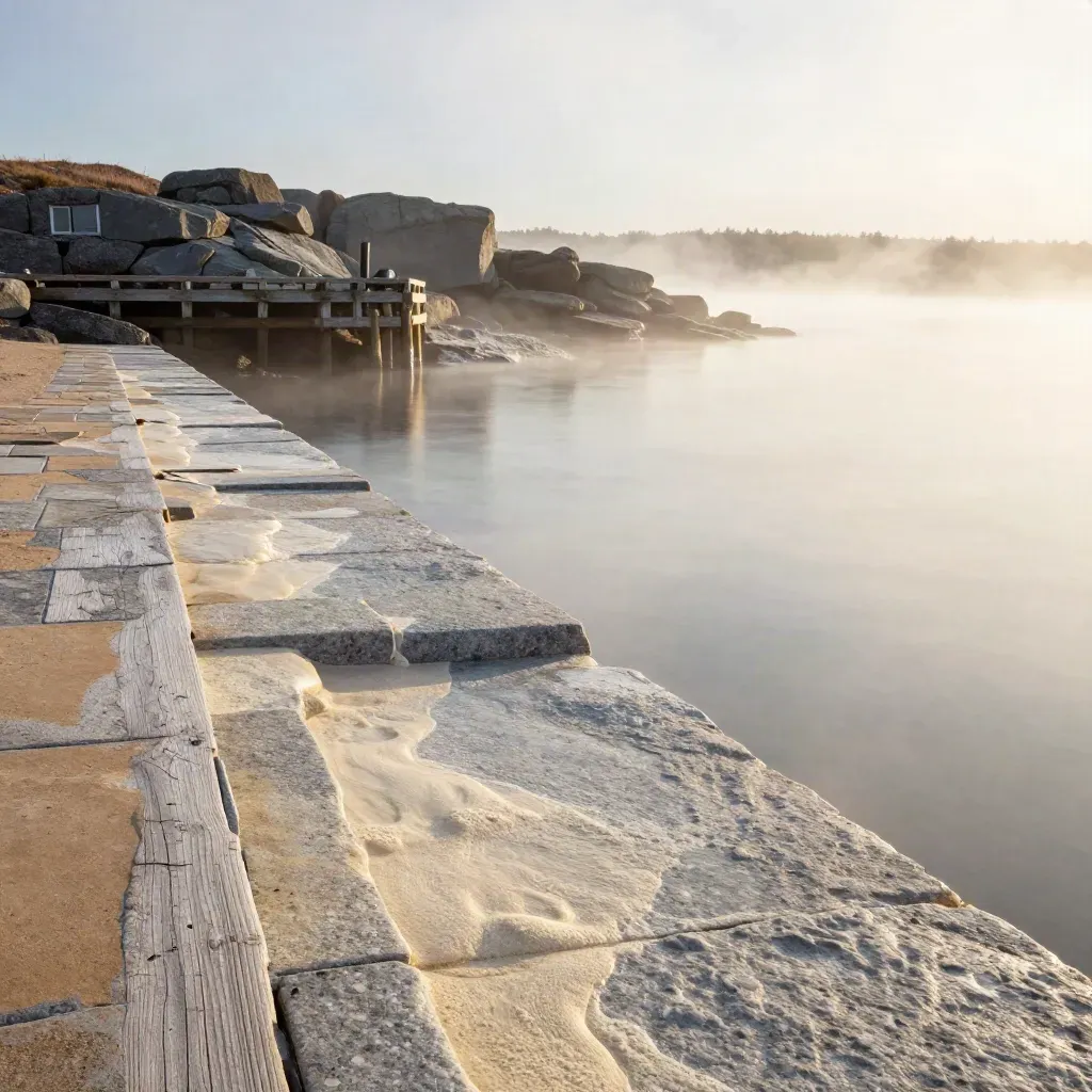 Fog-softened Atlantic Canada coast with rugged harbour stone and calm misty water