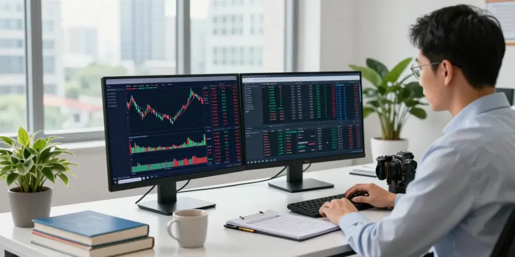 Investor analyzing market trends on slatecapivex.ca with dual monitors showing AI-driven analytics.