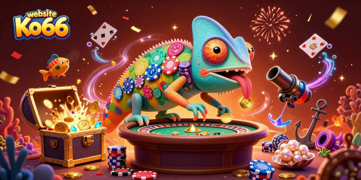 Experience excitement at the website Ko66 with a vibrant casino illustration of a playful chameleon and treasure.