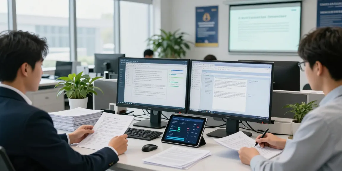 Office team using advanced technology for document fraud detection analysis.