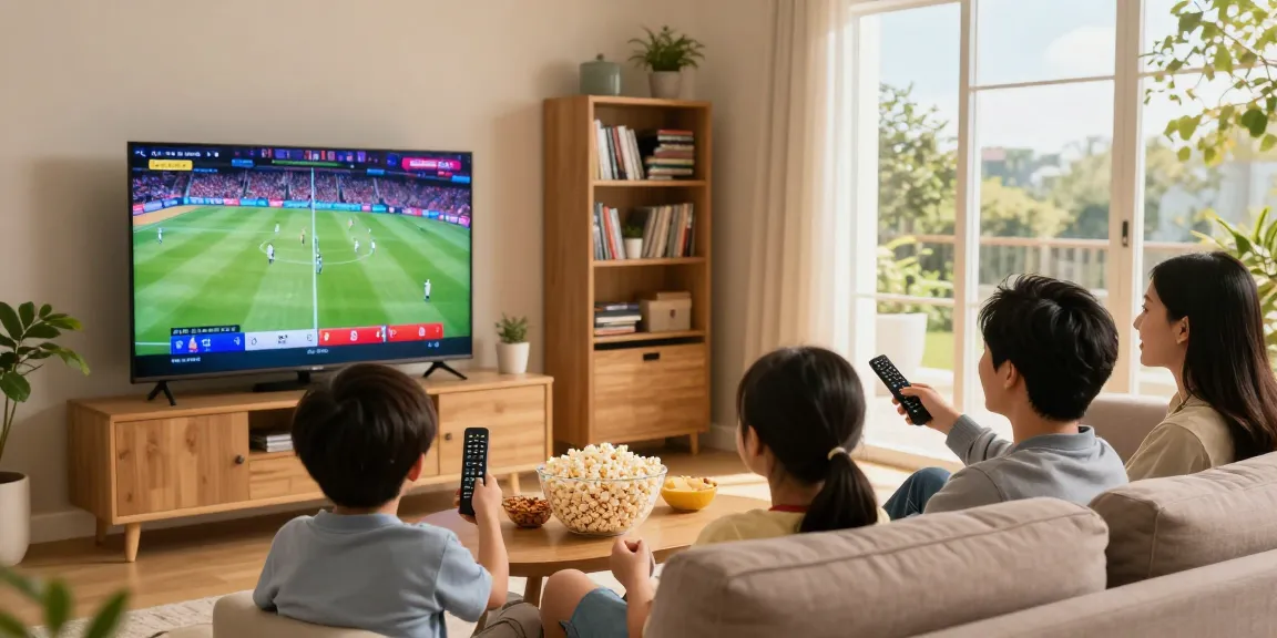 Stream IPTV channels in a cozy living room with family, showcasing vibrant sports entertainment.