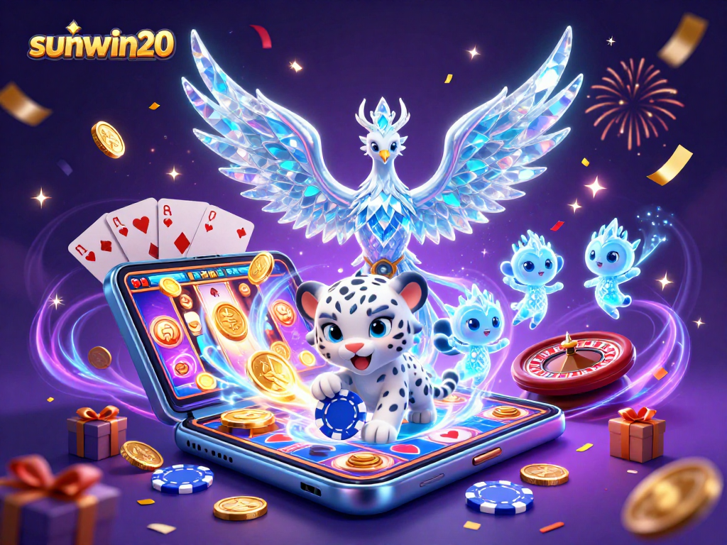 Experience the thrill of sunwin20 with a vibrant casino scene featuring playful characters and games!