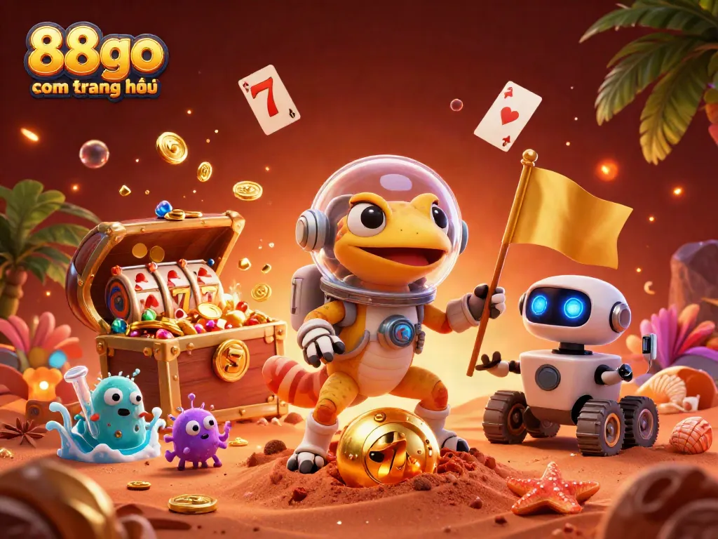 Experience the thrill of 88go com trang chủ with this vibrant 3D illustration featuring alien characters exploring a golden casino.