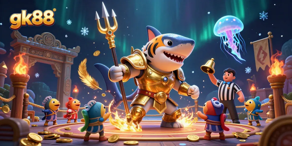 Engage in thrilling live casino action at gk88 with a vibrant underwater colosseum scene filled with animated characters.