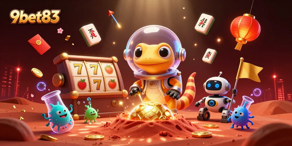 Action-packed scene showcasing 9bet83 with Martian gecko in a cosmic casino filled with gold