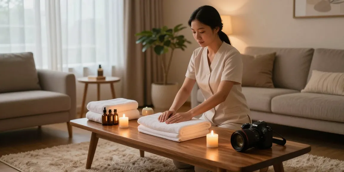 의정부출장마사지 therapist preparing a serene home environment for relaxation.