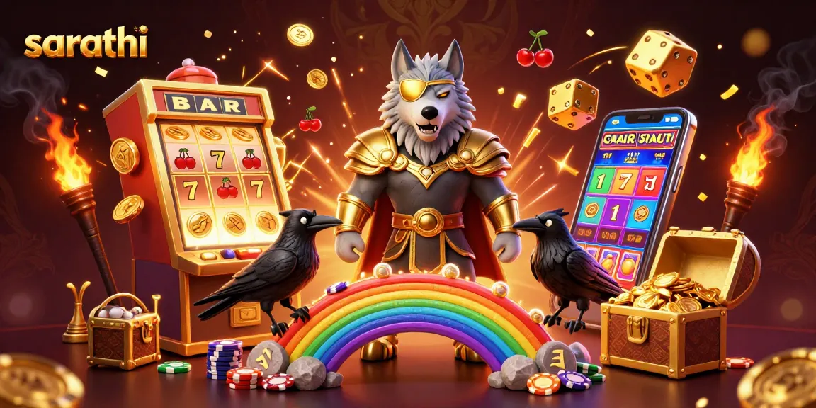 Sarathi gamers revel in vibrant 3D casino world with Odin's wolves and glowing elements.