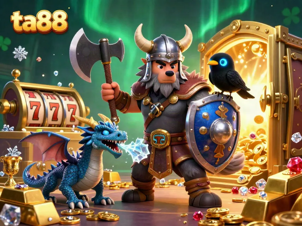 Experience epic gameplay at ta88 with a Viking warrior, dragon, and treasures in a vibrant gambling scene.