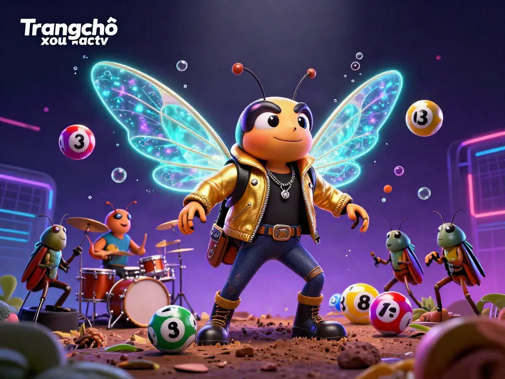 Engage with the exciting world of Trang chủ xoilactv featuring vibrant colorful numbered lottery balls and a cartoon cicada rock star.
