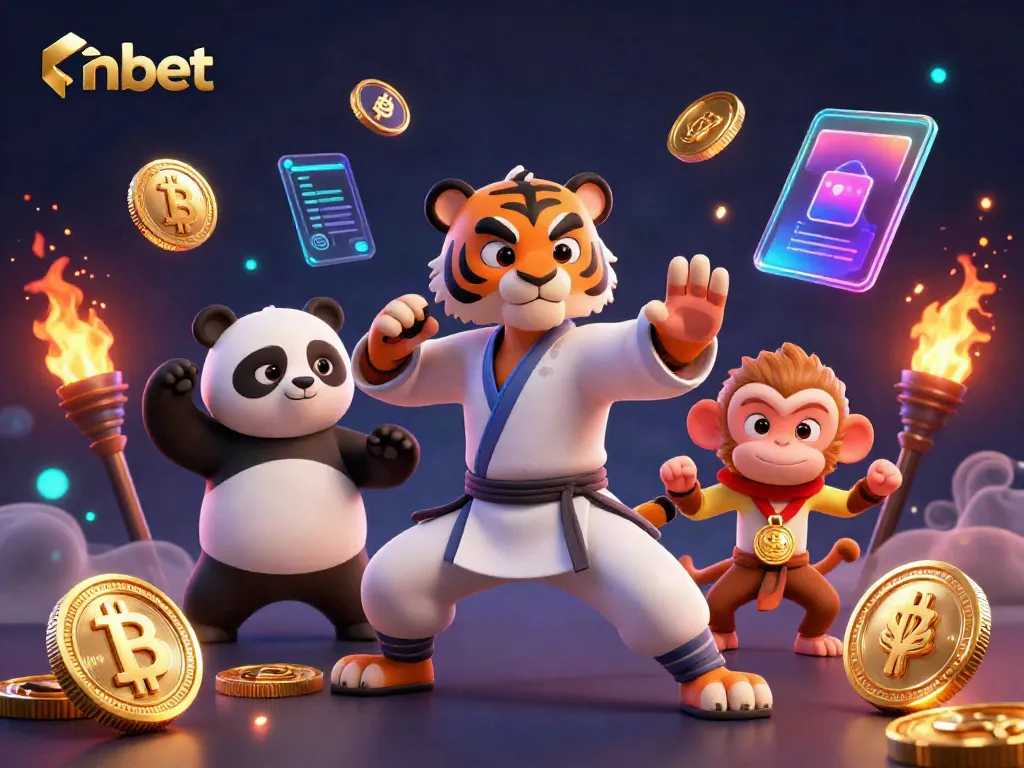 Experience thrilling gaming excitement at nbet with a kung fu master and playful characters in a vibrant casino scene.
