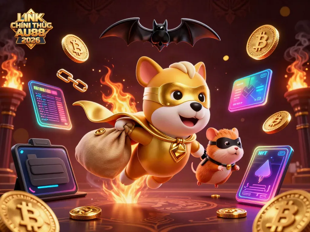 Engaging illustration of LINK CHÍNH THỨC AU88 2026 showcasing a superhero dog and hamster amid dynamic casino and crypto elements.