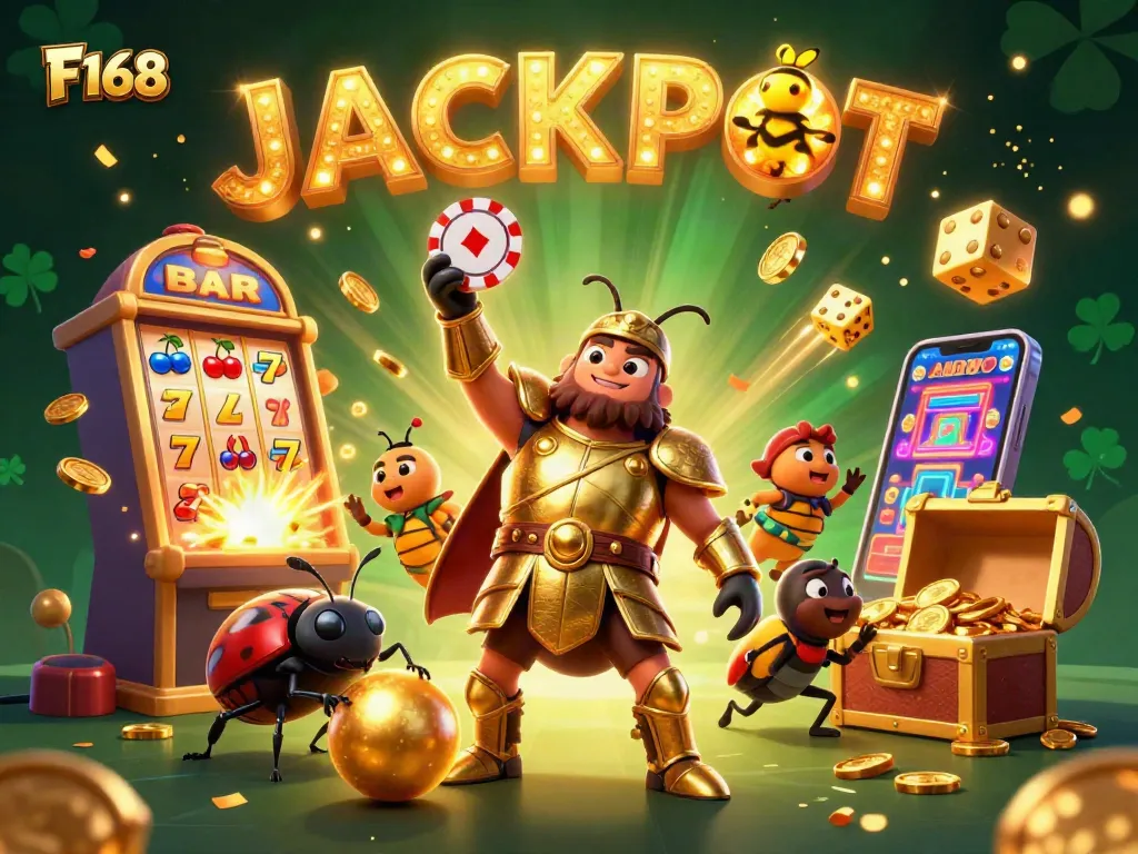 Engage in thrilling casino actions with F168, featuring a heroic beetle amidst a jackpot explosion.