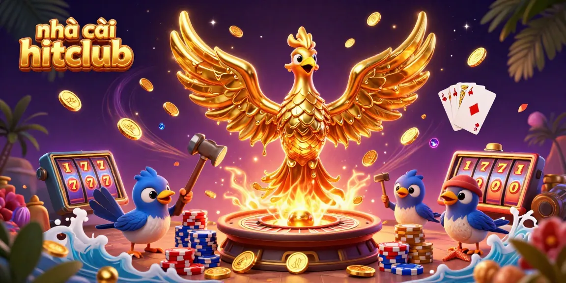 Experience excitement with nhà cái hitclub's golden phoenix and dynamic casino game elements in a vibrant scene.