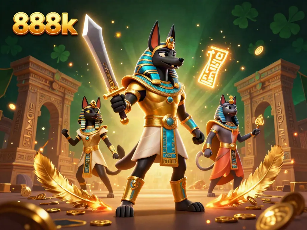 Experience the allure of 888k with Anubis, Bastet, and vibrant casino elements.
