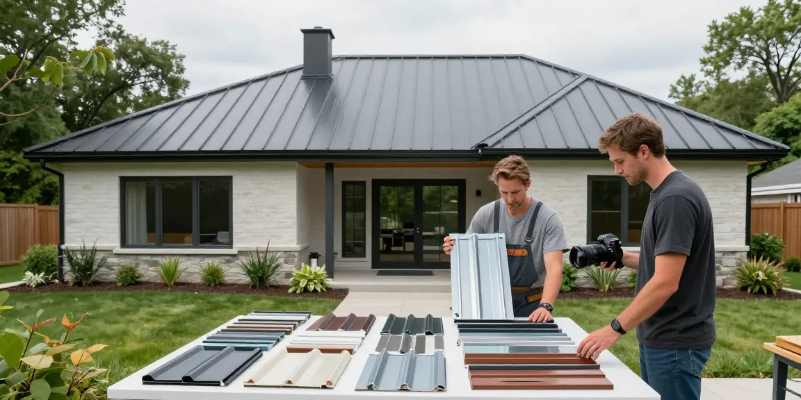 Metal roofing products Ontario showcased in a modern home setting with contractor and samples.