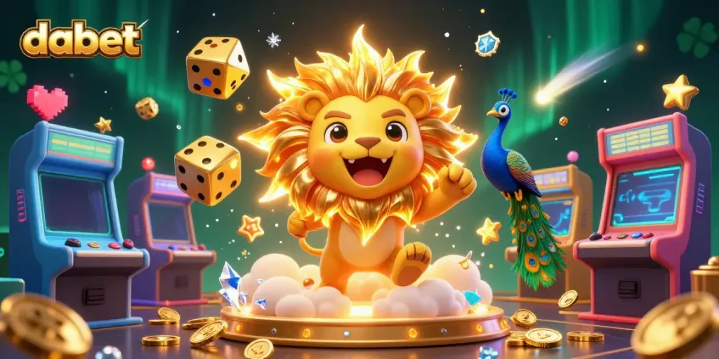 Dabet's vibrant casino universe sparks excitement with a roaring sun lion and dynamic game elements.