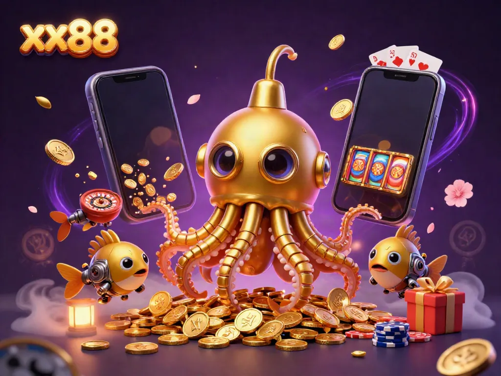 Experience thrilling gameplay with xx88 in an ultra-detailed 3D casino illustration featuring a golden kraken and slot games.