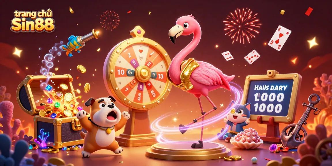 Engage with the thrilling vibe at trang chủ Sin88, featuring a vibrant casino scene with animated characters and winning moments.