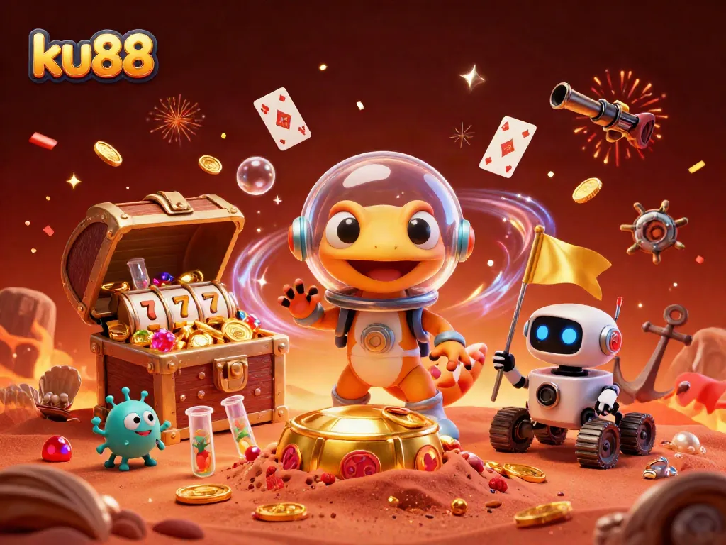ku88 gaming adventure with an alien gecko and casino treasures amidst vibrant celebrations
