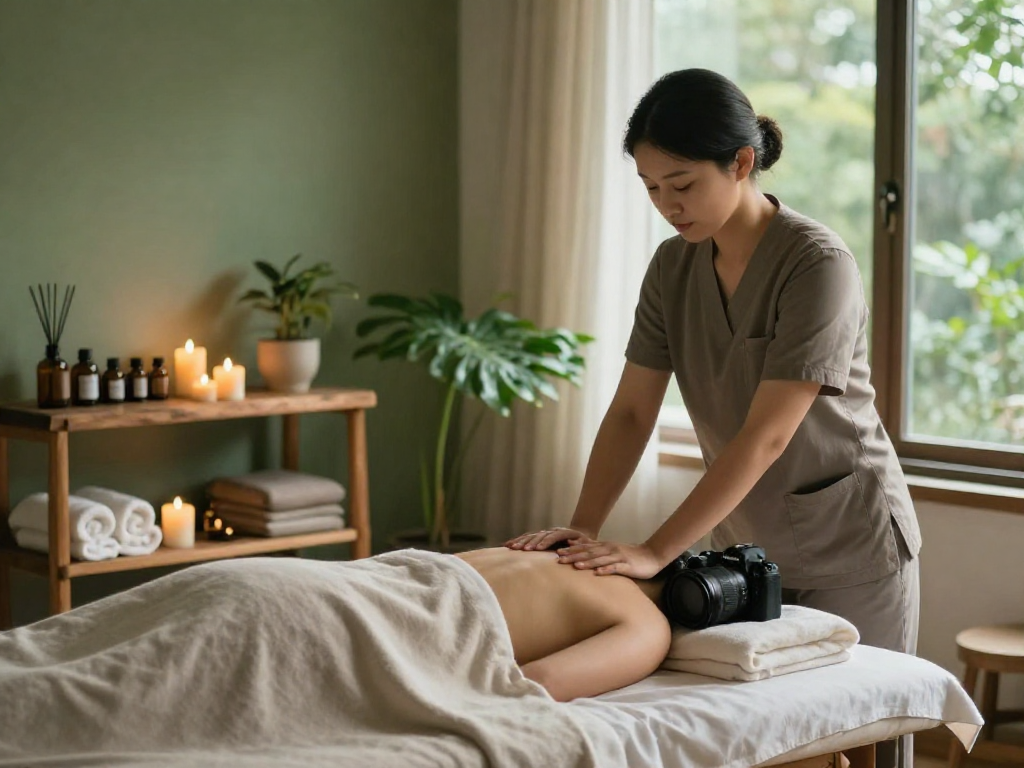 Relaxing 화곡동출장안마 session in a tranquil wellness center, featuring a massage therapist, calming ambiance, and essential oils.