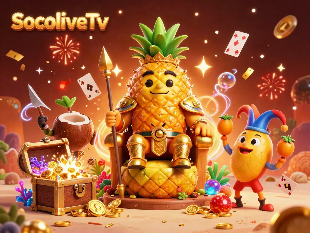 SocoliveTv brings excitement with a golden pineapple king and lively characters in a beach casino, celebrating sports.