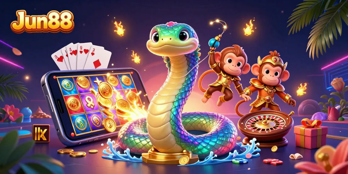Engage with JJun88 by spinning vibrant slots amidst playful, dazzling characters in this 3D casino scene.