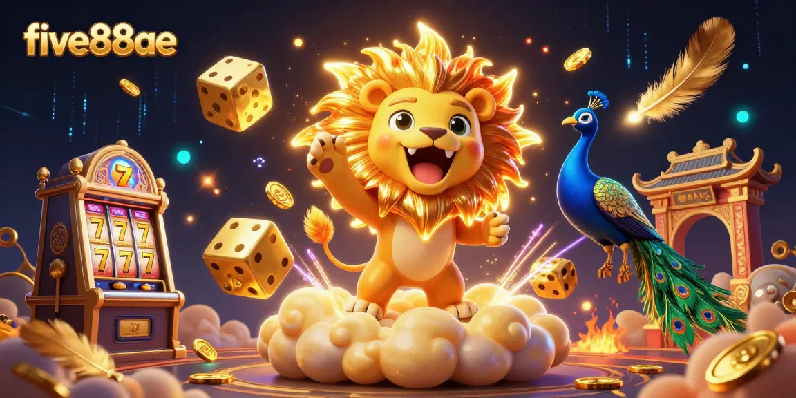Experience thrilling action at five88ae with a lively 3D casino-themed illustration featuring a sun lion and golden dice.
