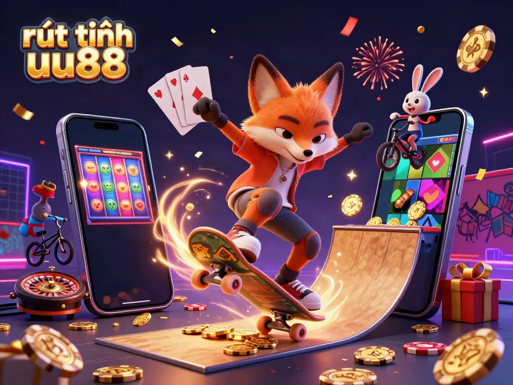 Experience the exciting world of gambling with rút tiền uu88 featuring vibrant 3D characters amidst casino symbols and dynamic game elements.