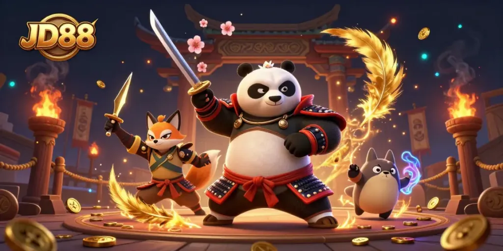 Engage in thrilling gameplay at JD88 with a fierce warrior panda and fox in vivid 3D casino action.