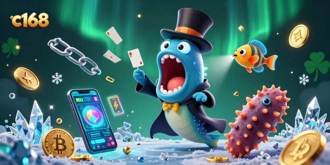 Engage with the captivating c168 magic act featuring a gulper eel, anglerfish, and crypto coins in a 3D illustration.