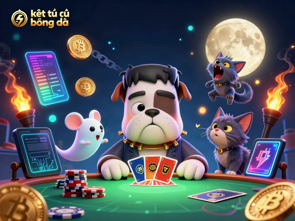 Experience live kết quả bóng đá with a cartoon Frankenstein bulldog and ghost mouse at a vibrant casino table.