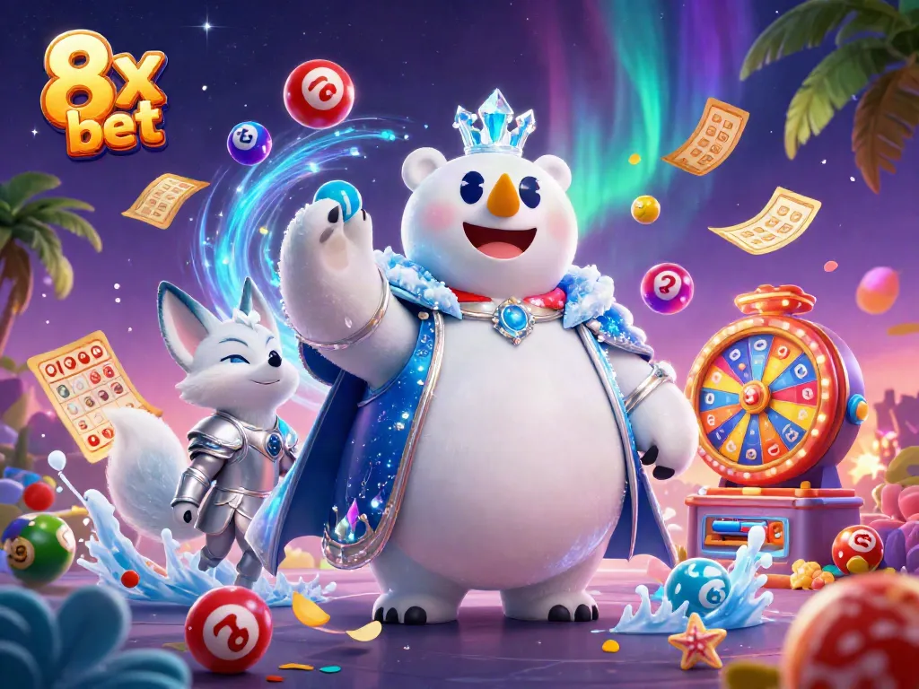 Experience excitement with 8x bet as colorful lottery elements and characters create a vibrant casino atmosphere.
