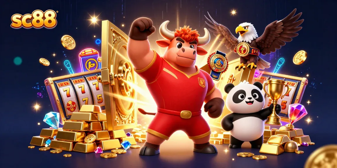Engage with the SC88 gaming world, celebrating wins with a muscular bull, eagle, and panda surrounded by golden riches.
