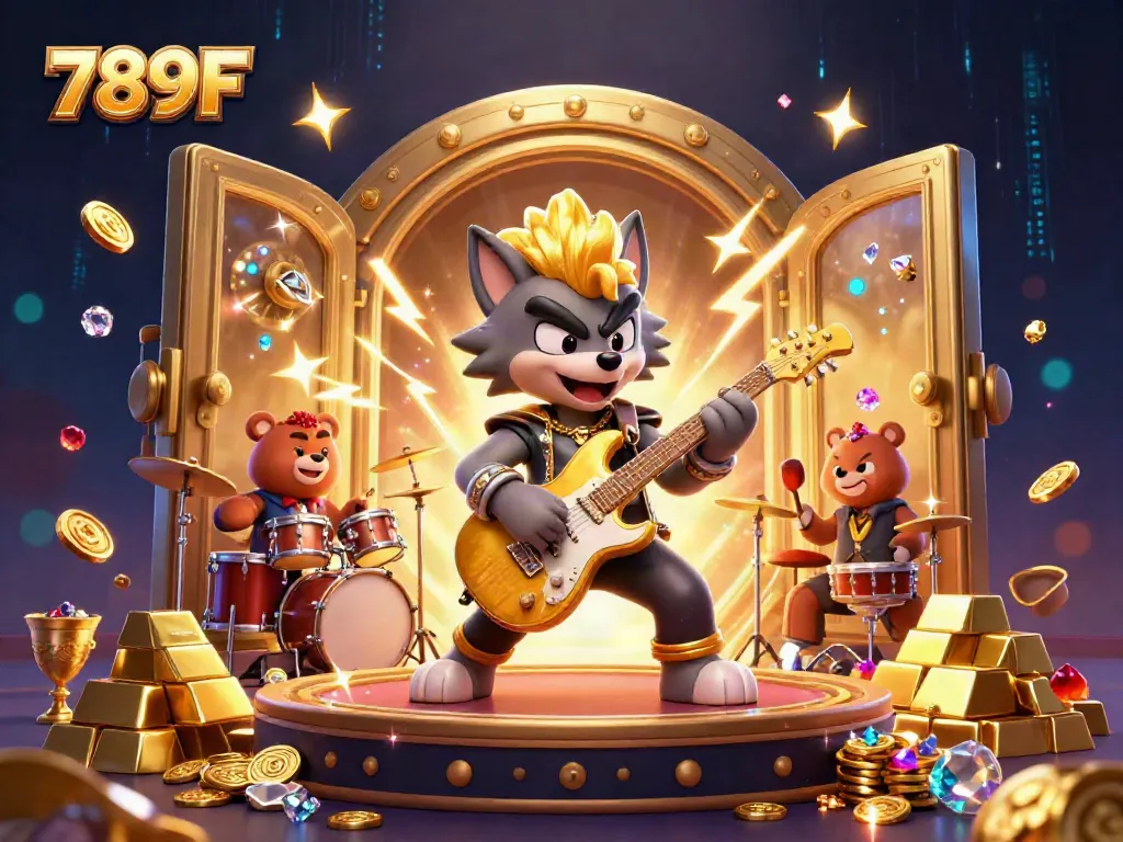 Experience the thrill of 789F casino as a wolf rock star dazzles on stage amidst golden treasures.