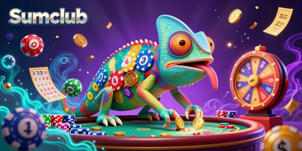 Experience the exciting world of Sumclub with a vibrant 3D chameleon casino owner snapping up coins in a stunning illustration.