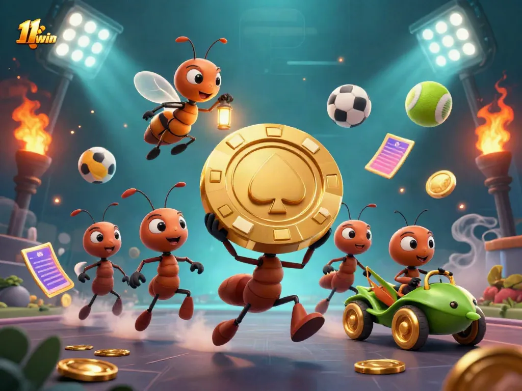 11win's ants escape with a golden poker chip in a vibrant casino scene filled with dynamic sports elements.