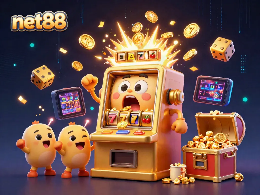 Experience net88's thrilling jackpot moments with cartoon slot machines and a vibrant casino atmosphere.