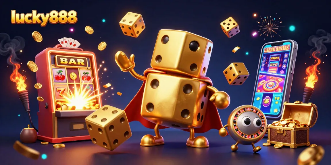Experience lucky888 with vibrant 3D elements, massive golden dice, and a colorful jackpot explosion in this cartoon scene.