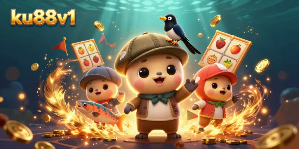 Engage in exciting gameplay at ku88v1 with colorful slot reels and playful characters.