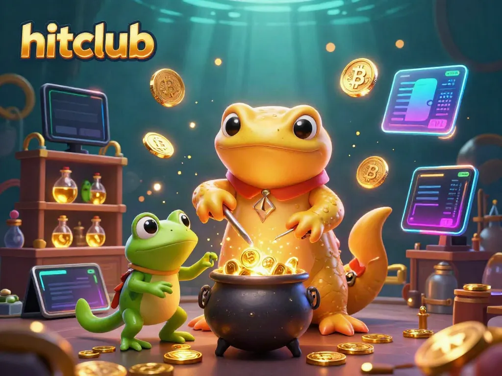Experience hitclub's vibrant casino world with 3D golden salamander and crypto elements.