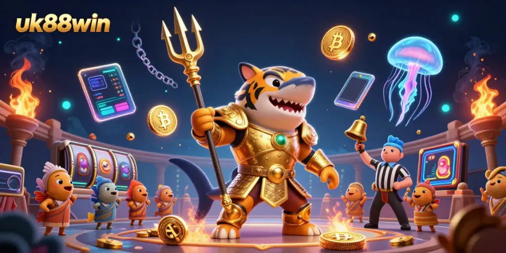 Experience thrilling gameplay at uk88win with a vibrant underwater casino scene featuring engaging characters and crypto elements.