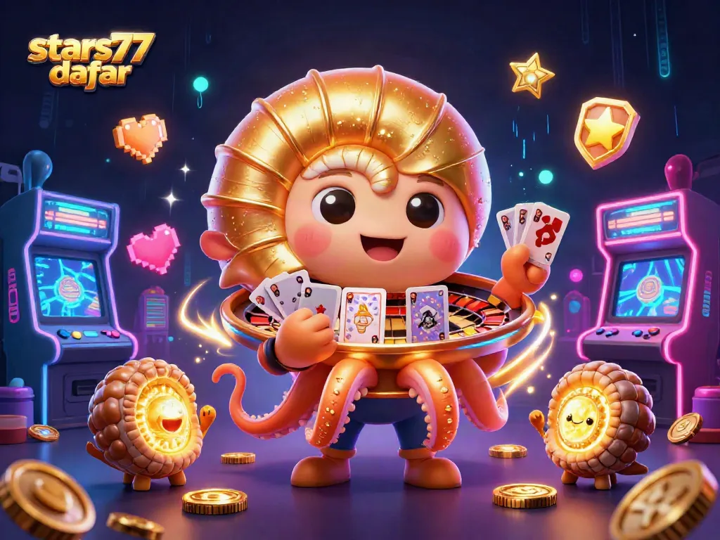 Visualisasi permainan di stars77 daftar dengan karakter kartun 3D dan elemen kasino yang menyenangkan.