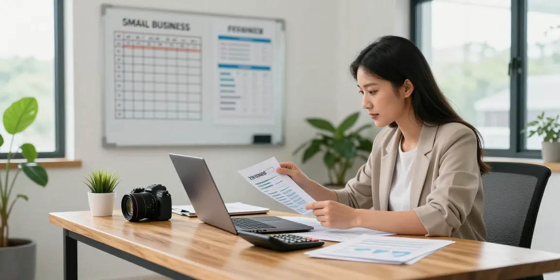 Engaged accountant in a small business accounting office analyzing financial reports with modern workspace elements.